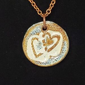 Vintage Artisan Double Heart Print Ceramic Necklace with Copper Coloured Chain
